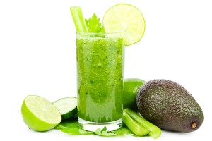 Healthy green vegetable smoothie with cucumber, celery, avocado